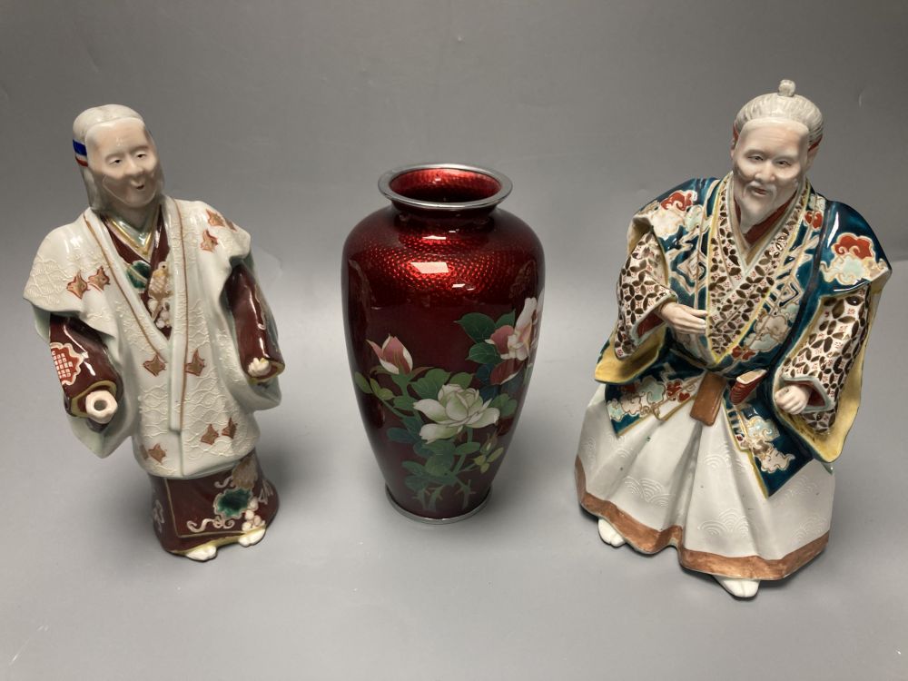 A Japanese enamel vase, 18cm and two Kutani figures of Samurai warriors